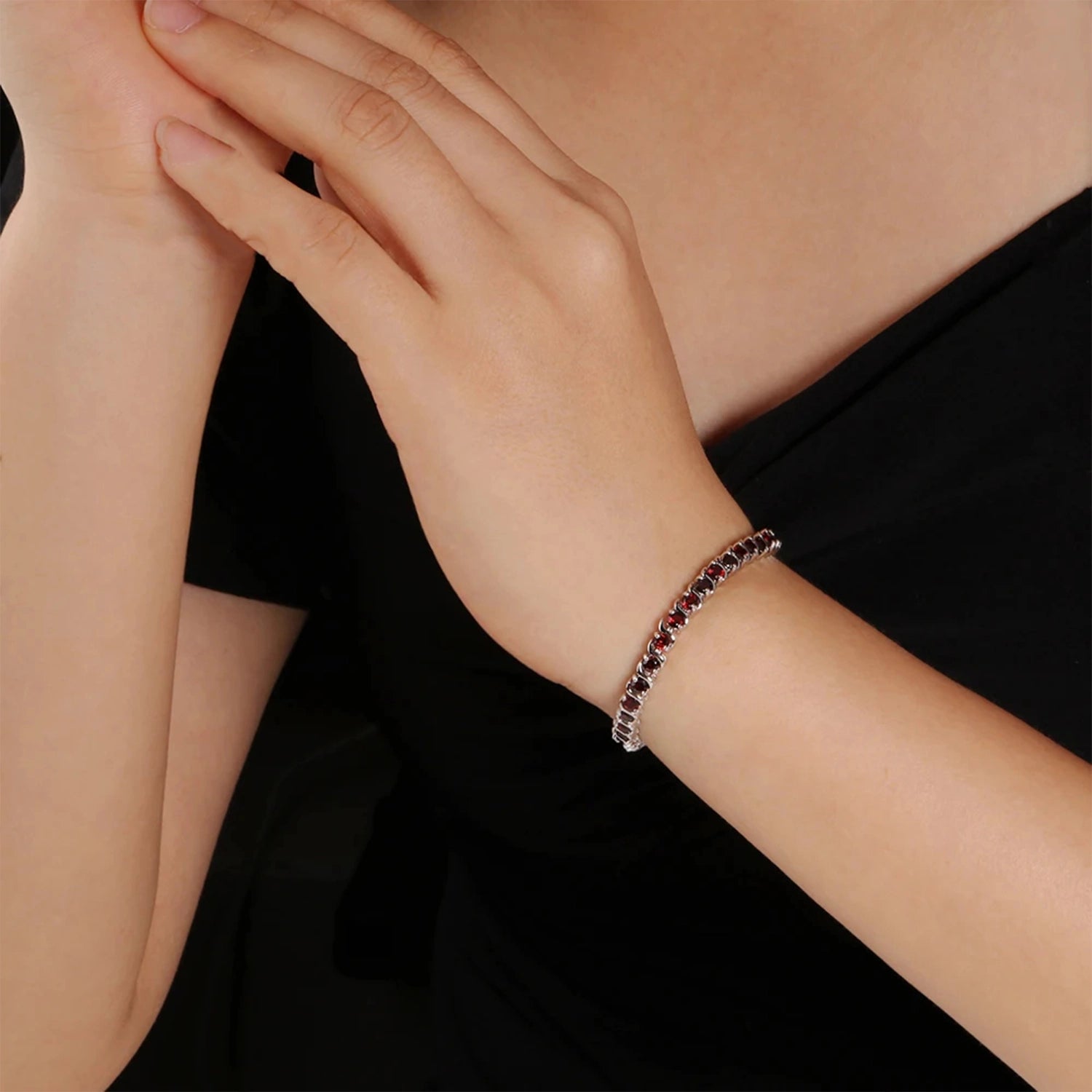 Garnet Tennis Silver Bracelet